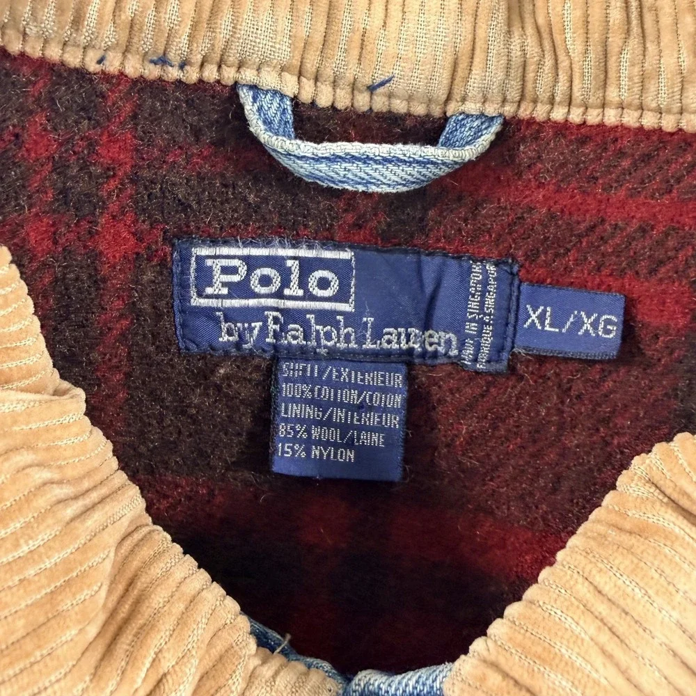 VTG Polo Ralph Laure Mackinaw Denim Cord Collar Jacket Men XL Wool Lined RARE